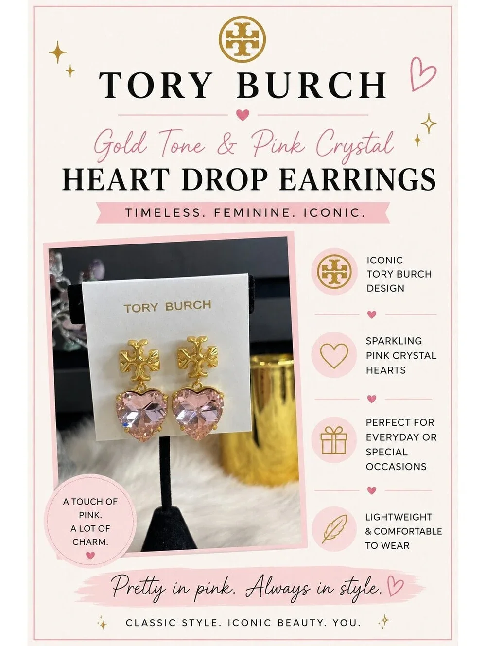 Tory Burch Gold Tone and Pink Crystal Heart Drop Earrings